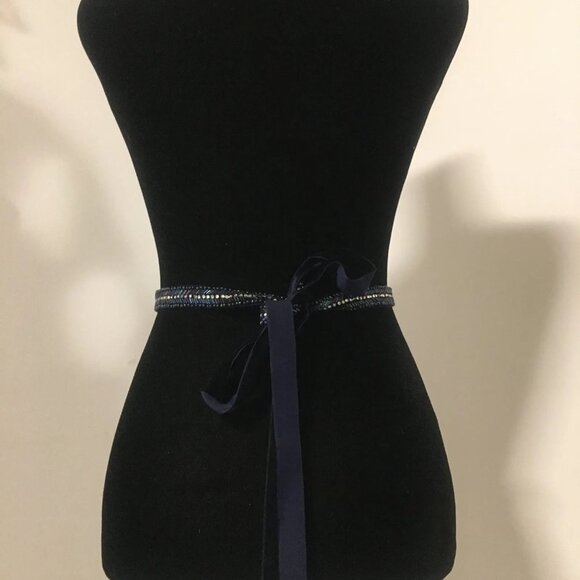 J CREW Blue Sequin Rhinestone Velvet Belt Sash Tie Closure One Size - Picture 4 of 8